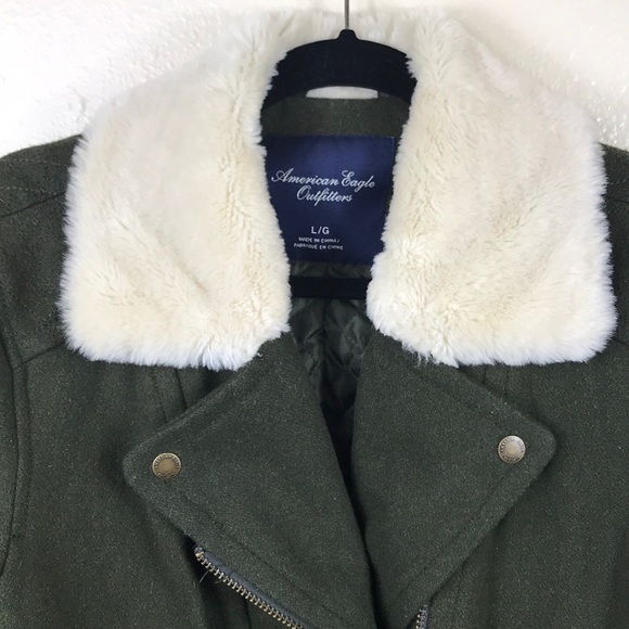 American Eagle Wool Faux Fur Trim Moto Jacket Coat - Picture 3 of 8